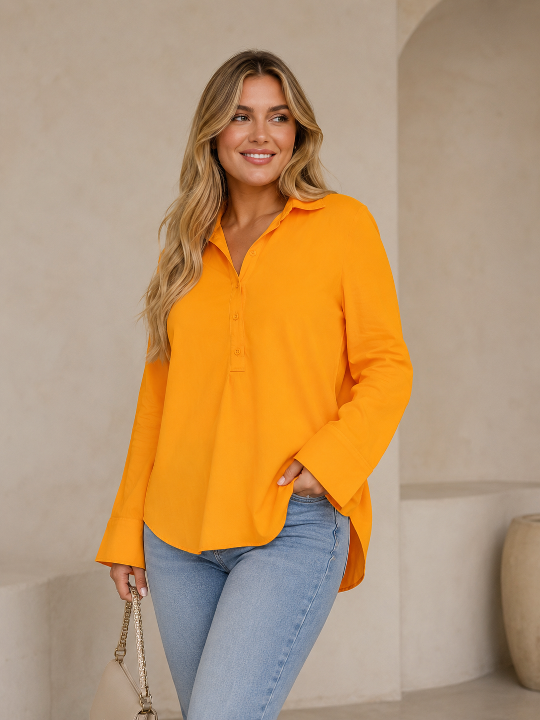Zara Viscose Orange Button-Up Shirt | S