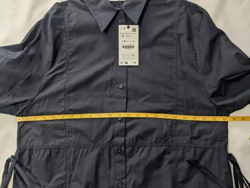 Zara navy blue poplin shirt dress front on model