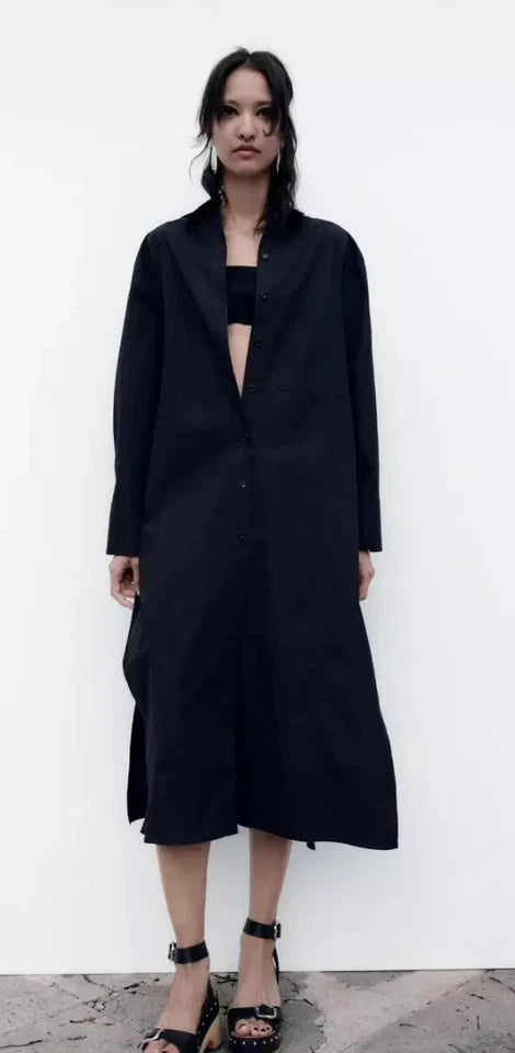 Zara navy blue shirt dress back on model