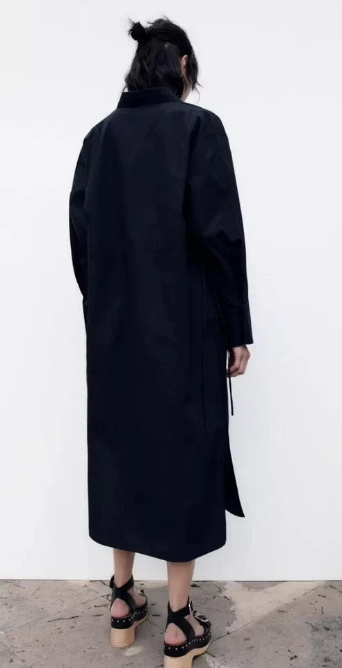 Zara navy blue shirt dress side view on model
