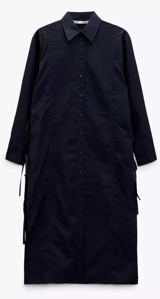 Zara Navy Blue Voluminous Poplin Shirt Dress
